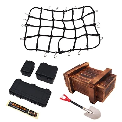 Immagine di WANGCL 6PCS Accessori per Portapacchi con Rete di carico Mini Cassetta degli Attrezzi Nera Pala in Legno 1/10 RC Car Crawler Monster Trucks Compatibile TRX4 SCX10/D90