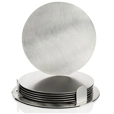 Immagine di com four® Set sottobicchieri 7 Pezzi con Supporto in Acciaio Inox per Bevande tondi Color Argento (007 Argento)