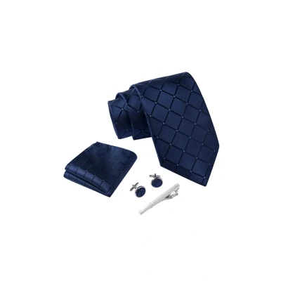 Immagine di Massi Morino Cravatta Blu scuro quadrato e fazzoletto da uomo con camicia gemelli, parure fermacravatta set I Accessori sposa Cravatte Elegante Confezione Regalo