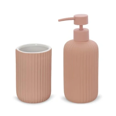 Immagine di Inbagno Set Accessori Bagno 2 Pezzi in Ceramica Rosa cannettato, Dispenser Sapone e portaspazzolini Soft Touch, Spring