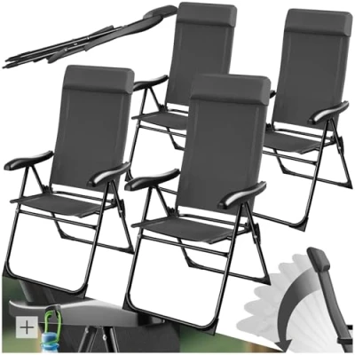 Immagine di TecTake® Set 4 Sedie Campeggio Pieghevoli, Schienale Regolabile 7 Posizioni, Alluminio Inossidabile, Textilene Traspirante, Braccioli Ergonomici, Cuscino Poggiatesta Rimovibile, Cappucci Antiscivolo