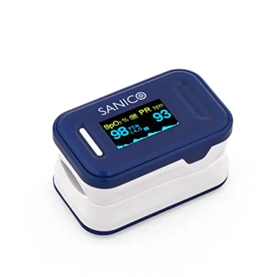 Immagine di SANICO Pulsossimetro da Dito Dispositivo Compatto per Misurare: Frequenza Cardiaca, Indice di Perfusione e Ossigeno nel Sangue SpO2 Display a Colori 6 Orientazioni, Autoarresto, Batterie Incluse