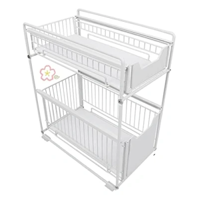 Immagine di LANTUS Scaffale a 2 ripiani per cassetti, da cucina, telescopico, sottolavello, in metallo, armadietto, organizer bagno, cucina (Bianco37,4 * 26,5 44 cm)