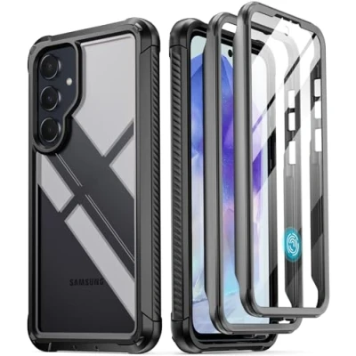 Immagine di Poetic Guardian Custodia per Samsung Galaxy A55 5G 2024, pellicola protettiva integrata [funziona con ID impronte digitali], [2 cornici anteriori] integrale antiurto robusta, trasparente,