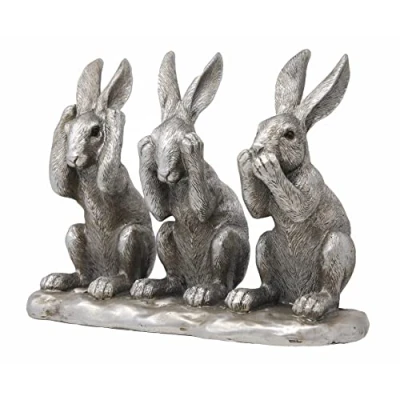 Immagine di Statuetta decorativa in argento con lepri saggi da 18 cm, scritta lingua inglese &quot;see no male&quot;.