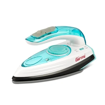 Immagine di Girmi ST04 Ferro da stiro viaggio, 1000 W, Piastra Ceramica, Doppio voltaggio 120V/240V, Colpo Vapore 6 15 g/min, Capacità 70 cc, Impugnatura pieghevole, Comodo mettere in valigia, Azzuro