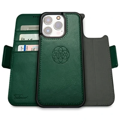 Immagine di dreem Fibonacci compatibile con iPhone 14 Pro custodia a portafoglio/custodia antiurto 2 in 1 e folio pelle vegana staccabile, MagSafe, protezione RFID [Verde]