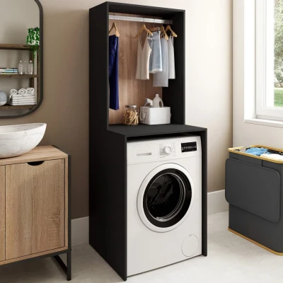 Immagine di Top WALLIS per lavatrice con spazio appendere, nero e legno effetto faggio IDMarket