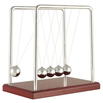 Immagine di Newton pendolo a sfera con 5 sfere, sferico, per scrivania, 19 cm, altezza su base in legno, telaio e sfere acciaio di alta qualità