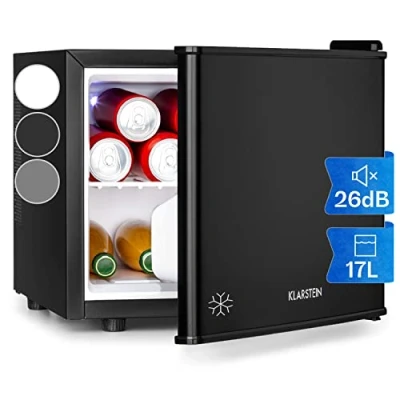 Immagine di Klarstein Geheimversteck Minibar, Mini Frigo, Frigorifero per Snack e Bevande, solo 26 dB, Ripiano Estraibile, Regolazione della Temperatura senza Intervalli Predefiniti, 17 L, Argento