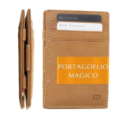 Immagine di GARZINI Portafoglio Magico in vera pelle, sottile e minimalista Magic Wallet da uomo con sistema di blocco RFID, Camel Brown