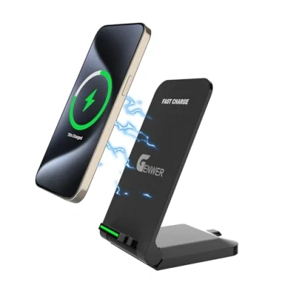 Immagine di GENWER Caricatore a induzione Stand, 15 W Qi certificato wireless Ricarica rapida doppia bobina per iPhone 16 14 13 12 11 Pro Max Samsung Huawei Xiaomi Google ecc Supporto