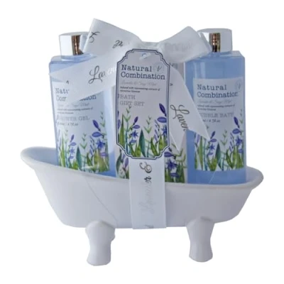 Immagine di Accentra LAVENDEL Set da bagno in vasca ceramica, con gel doccia 140 ml, bagnoschiuma, 50 g, profumo: lavanda e salvia viola/bianco