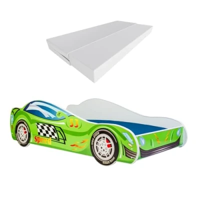 Immagine di KOBI Letto Bambini Auto Tema Speed da Corsa Gara 160 x 80 CM Forma Macchina per Bambino Lettino Automobile Singolo Lettini Bambina con Materasso