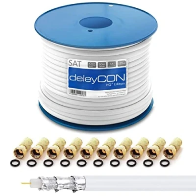 Immagine di deleyCON 50m HQ+ Cavo Coassiale SAT 135dB con Schermatura Quintupla DVB S/S2 T C BK HDTV 4K 1080p Full HD + 10 Connettori F Dorati