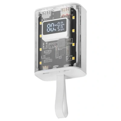 Immagine di Mars Gaming MPK 10K, Power Bank Compatto 22.5W, Carica Rapida QC3.0 &amp; PD3.0 10000mAh, Monitoraggio Intelligente della Batteria con Multi Carica, Cordino + Torcia LED, Connettività Universale, Bianco