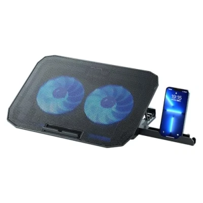 Immagine di NK Laptop Cooler Stand Ventola per computer portatili da 12 a 17 pollici con 5 supporti regolabili in altezza, 2 ventole silenziose, porte USB, raffreddamento rapido, luce LED blu Colore nero