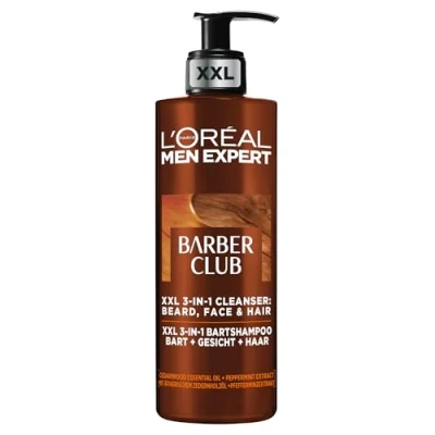 Immagine di L&#039;Oréal Paris Men Expert Detergente 3 in 1 per barba, viso e capelli XL 400 ml, lavaggio Barber Club con olio essenziale di legno cedro, deterge profondamente rimuove i fiocchi barba
