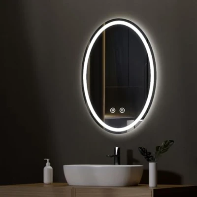 Immagine di EMKE Specchio LED Bagno 60 x 80 cm, ovale con 3 colori di luce regolabili, antiappannamento, funzione memoria, tocco IP44. Illuminazione Orizzontale/Verticale