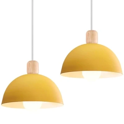 Immagine di iDEGU 2 Pezzi Lampade a Sospensione Retrò 20CM LED Lampada Soffitto in Legna Metallo Moderna Lampadario Stile Scandinavo Semicerchio Plafoniera per Soggiorno Sala da Pranzo Camera Letto(Giallo)
