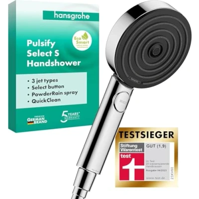 Immagine di hansgrohe Pulsify Select S Doccetta per doccia a risparmio idrico 9 l/min (EcoSmart), Doccino con 3 getti (incl. PowerRain), Soffione rotondo (⌀ 105 mm), funzione anticalcare, cromo, 24111000