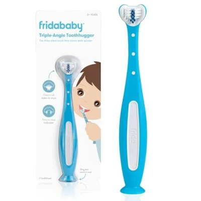 Immagine di Frida Baby Toothhugger spazzolino da denti per bambini: a forma di U con setole triplo angolo, manico facile impugnare, morbide, bambini dai 2 anni in su, blu
