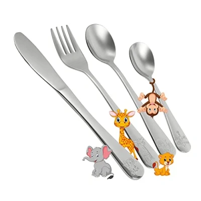 Immagine di Set di Posate Safari per Bambini 4 Pezzi Kit Utensili con Adorabili Disegni Animali Include cucchiai Diverse Dimensioni, Coltello e forchetta Ideale Bimbi dai 3 Anni in su