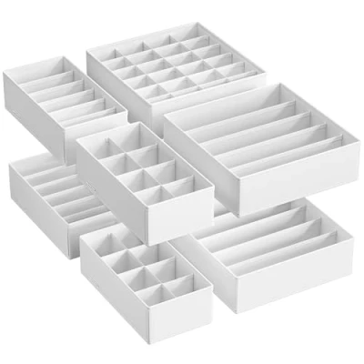 Immagine di SONGMICS Set di 8 Divisori per Cassetti, Organizzatori Biancheria Intima Pieghevole, Reggiseni Mutande Calzini Cravatte, Scatole Portaoggetti in Tessuto Armadio, Bianco Nuvola RUS008W01