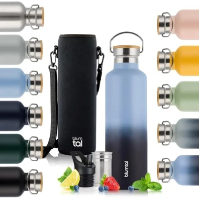 Immagine di Blumtal thermos 750ml bottiglia a doppia parete in acciaio inox isolata 500ml priva di BPA Gigio Blu scuro