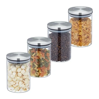 Immagine di Relaxdays Set da 4 Barattoli per Alimenti, Recipienti in Vetro con Coperchio Acciaio Inox, 750 ml, Trasparente Argentato, 60% 30% 10% Silicone