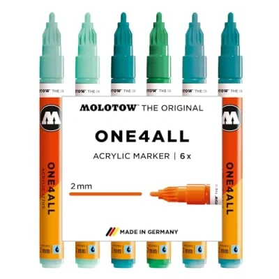 Immagine di Molotow One4All 127HS Set di 6 pennarelli acrilici Tropical (2,0 mm spessore, altamente coprenti e permanenti, ad asciugatura rapida, ricaricabili, per quasi tutte le superficie), colori