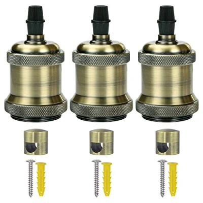 Immagine di ZOHAR 3 portalampada vintage E27 con perni in alluminio da parete e soffitto alluminio, industriale, retrò, attacco per lampadina, presa adattatore lampadina Edison fai te