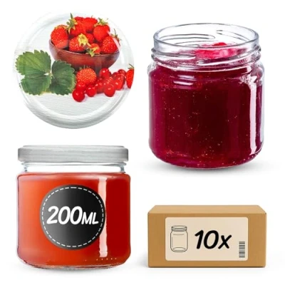 Immagine di KADAX Piccoli vasetti per conserve da 200 ml, fi66 mm, mini miele e spezie, ermetici, conserve, barattoli, rotondi (fragole, 10 pezzi)