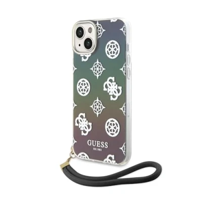 Immagine di CG MOBILE Guess custodia per iPhone 15 in IML iridescente con cordino nero, antigraffio, comoda e resistente, rigida porte accessibili, assorbimento degli urti