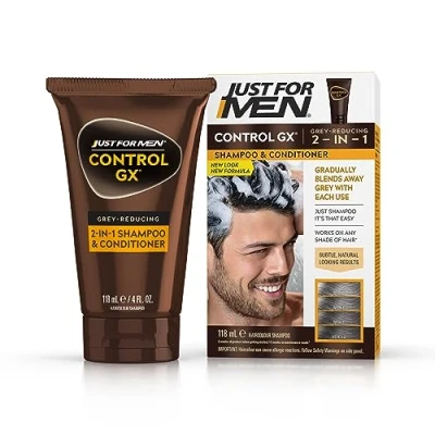Immagine di Just For Men Control GX, shampoo e balsamo 2 in 1, riduce gradualmente permanentemente i capelli grigi ad ogni lavaggio, tutte le tonalità, 118 ml