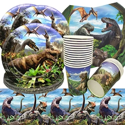 Immagine di Stoviglie per Feste Dinosauri,Doyomtoy 61 Pezzi Decorazioni di Compleanno Dinosauri Piatti Compleanno, Tazze, Tovaglioli, Tovaglie Bambini Favors