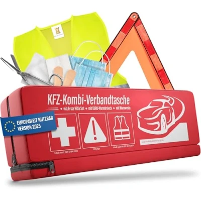 Immagine di HELDENWERK Set di pronto soccorso 3 in 1 per auto 2023 conforme alle norme locali vigenti e TÜV, borsa combinata con giubbotto avvertimento, triangolo avvertimento cassetta