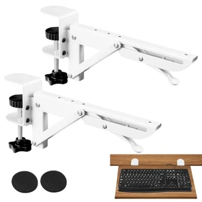 Immagine di Cassetto Sotto Scrivania, Ripiano Estraibile Senza Foratura, Porta Tastiera con Morsetto a C Regolabile, Supporto PC Silenzioso, Scrivania Allungabile Ergonomico, 2 Pezzi