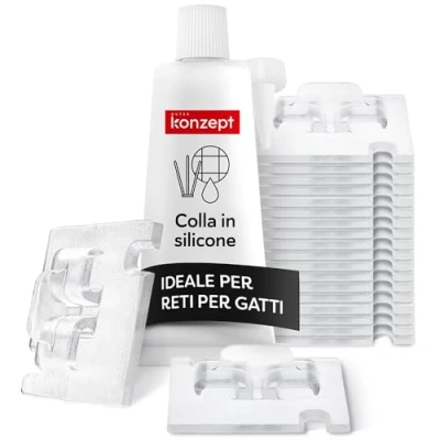 Immagine di 20 ganci adesivi per il fissaggio rete di gatti sul balcone, con colla montaggio da 40 ml, extra forti, trasparenti, piccoli, senza foratura, resistenti alle intemperie, esterni