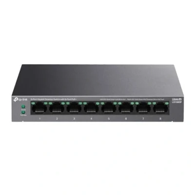 Immagine di TP Link Switch Ethernet desktop Gigabit a 8 porte con PoE+ porte, budget PoE da 62 W, ripristino automatico PoE, plug &amp; play, involucro in metallo, ideale per sorveglianza IP e sicurezza di rete