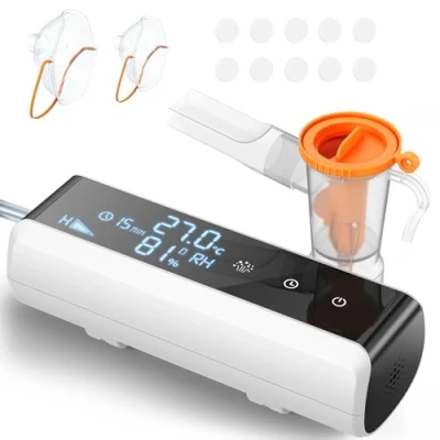 Immagine di Aerosol per Bambini Adulti, LED Intelligente Regolabile Macchina con Timer, Ultrasuoni Aereosol Boccaglio e 2 Mascherineper Tosse, Asma