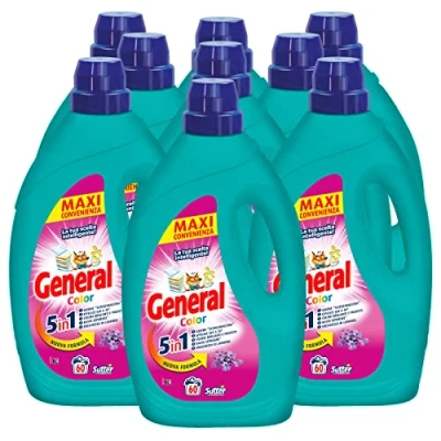 Immagine di 9x detersivo liquido General Color 5in1 per Lavatrice 60 Lavaggi 9 Flaconi da 2,7L ognuno