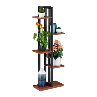 Immagine di Relaxdays Scaffale Portafiori, Colonna Portavasi da Interno con 5 Mensole, Porta Piante, 117 x 43 22 cm, Marrone Scuro, 70% Acciaio 30% Fibra di Legno, 1 pz