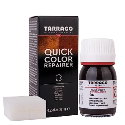 Immagine di Tarrago Quick Color 25 ml Tintura per scarpe in pelle, pelle liscia e tela accessori Macchia ad asciugatura rapida che ripara protegge le calzature da piccoli segni (Dark Brown 06)