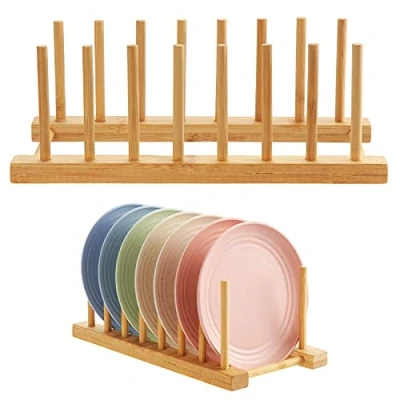 Immagine di HonGien 2 Pezzi Scolapiatti in Legno di Bambù, Supporto per Piatti, Piatti Legno, Ciotole, Stoviglie, Tazze, Taglieri, CD, Libri