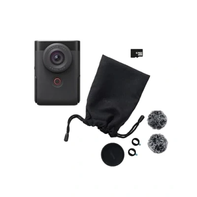 Immagine di Canon PowerShot V10 Starter Kit per Vlogging Videocamera 4K UHD Tascabile Digitale con Bluetooth, Wi Fi Schermo Inclinabile, Microfoni Stereo, Filtro Anti Vento, Nero