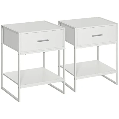 Immagine di HOMCOM Comodino Moderno Set 2 Pezzi con Cassetto e Ripiano Aperto per Camera da Letto Soggiorno, in MDF Acciaio, 45x40x60cm, Bianco