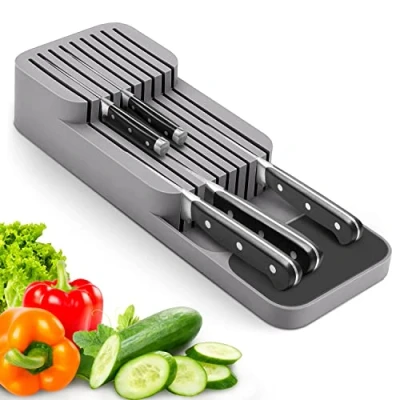 Immagine di Aggiornato Portacoltelli Cassetto, Doppio Strato Porta Coltelli Cucina Rimovibile con Antiscivolo, Posto per 9 Coltelli, Compatto, Slot Cintura di Sicurezza Grigio