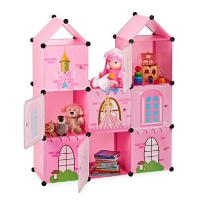 Immagine di Relaxdays Scaffale Componibile per Cameretta, Castello Principesse Plastica Armadio con Ante HLP 128x110x37 cm, Rosa