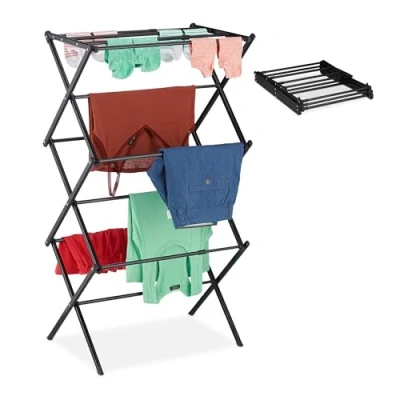 Immagine di Relaxdays Stendibiancheria Verticale, Stendino Pieghevole a Torre, 11 Aste, 6 Livelli, 105x73x37 cm, in Metallo, Nero, Acciaio Inox